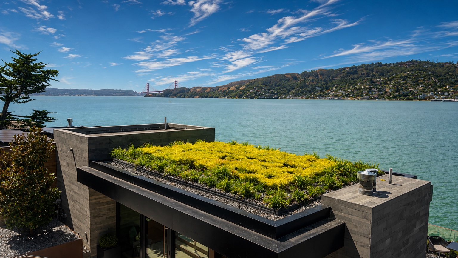Modern rooftop garden overlooking the bay